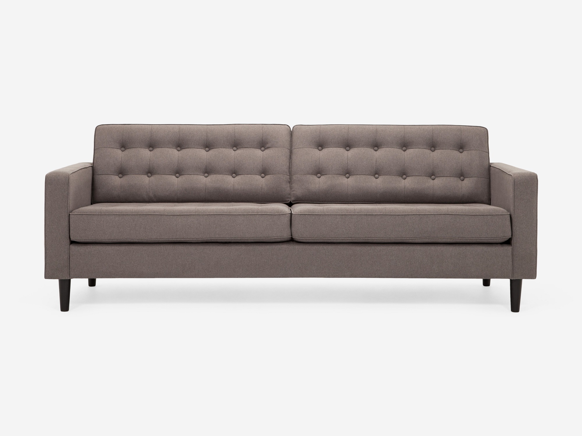 Front view of our mid century modern sofa, the Reverie 86", upholstered in grey fabric